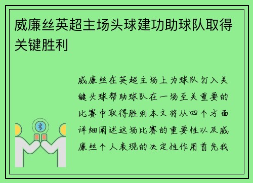 威廉丝英超主场头球建功助球队取得关键胜利