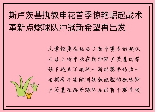 斯卢茨基执教申花首季惊艳崛起战术革新点燃球队冲冠新希望再出发