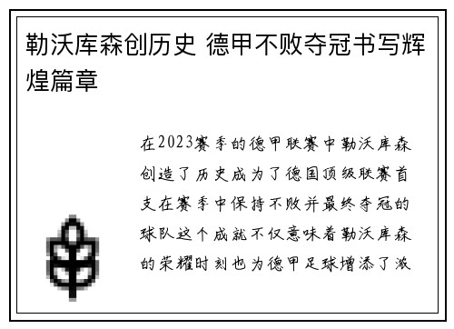 勒沃库森创历史 德甲不败夺冠书写辉煌篇章 勒沃库森创历史 德甲不败夺冠书写辉煌篇章