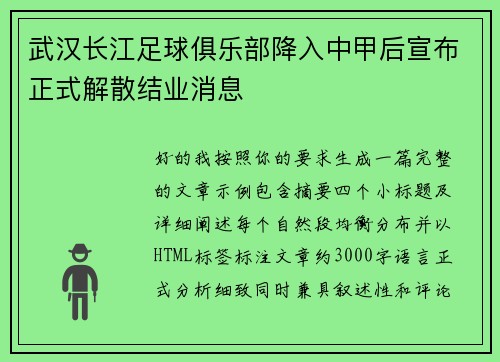 武汉长江足球俱乐部降入中甲后宣布正式解散结业消息